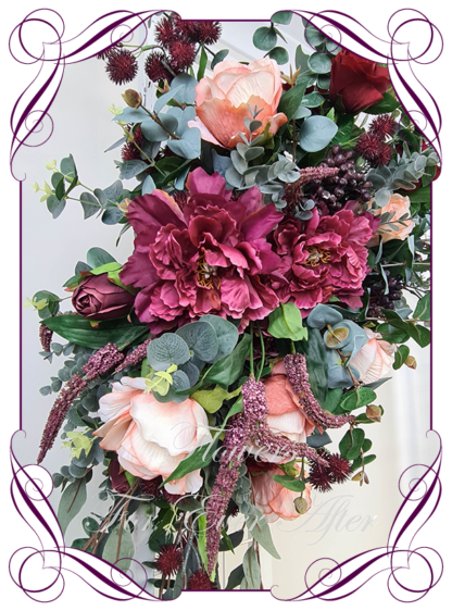 Silk artificial corner arbor wedding decoration florals. Burgundy and peach native and dark moody silk flowers. Made in Melbourne. Buy online. Arbor flowers. Sign flowers