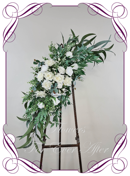 Silk artificial white roses baby's breath and gum arbor, bridal table, centrepiece, sign or pew decoration for wedding commitment ceremony. Silk flower centrepieces. Buy Online. Shipping world wide by Australia's best bridal florist.