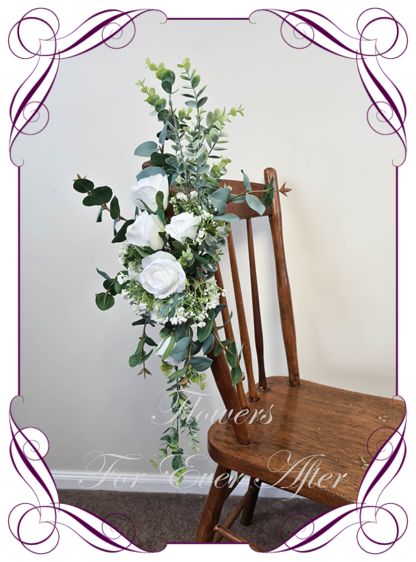 Silk artificial white roses baby's breath and gum arbor, bridal table, centrepiece, sign or pew decoration for wedding commitment ceremony. Silk flower centrepieces. Buy Online. Shipping world wide by Australia's best bridal florist.
