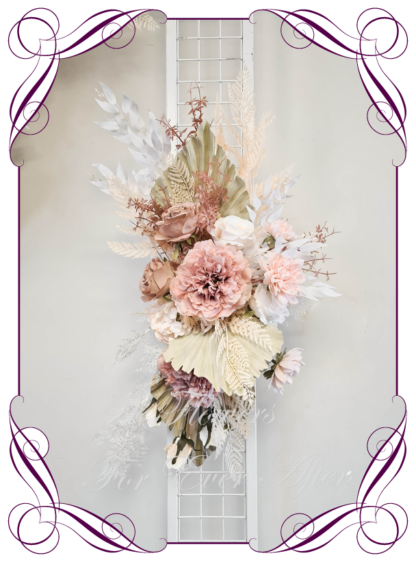 Silk artificial nude champagne blush pink brown dry look wedding flowers wedding arbor arch background decoration. Natural look silk wedding florals, unusual romantic realistic fake wedding decoration design. Bridal table centrepiece flowers. Made in Melbourne Australia. Buy online..