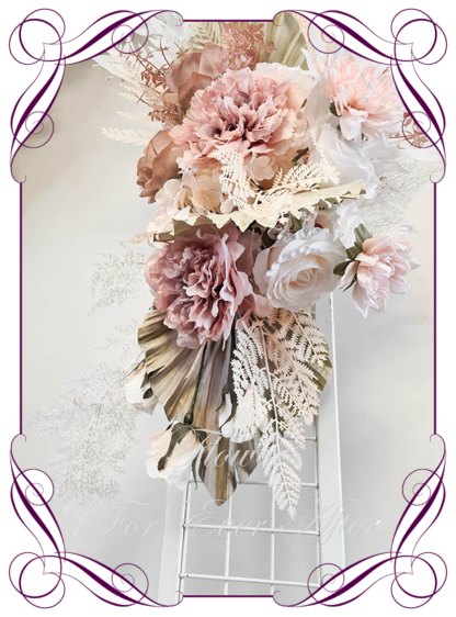 Silk artificial nude champagne blush pink brown dry look wedding flowers wedding arbor arch background decoration. Natural look silk wedding florals, unusual romantic realistic fake wedding decoration design. Bridal table centrepiece flowers. Made in Melbourne Australia. Buy online..
