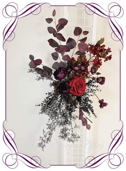 Silk artificial dark moody red black and purple wedding flowers wedding arbor arch background decoration. Roses and peonies gothic wedding ceremony silk wedding florals, unusual romantic goth realistic fake wedding decoration design. Made in Melbourne Australia. Buy online..