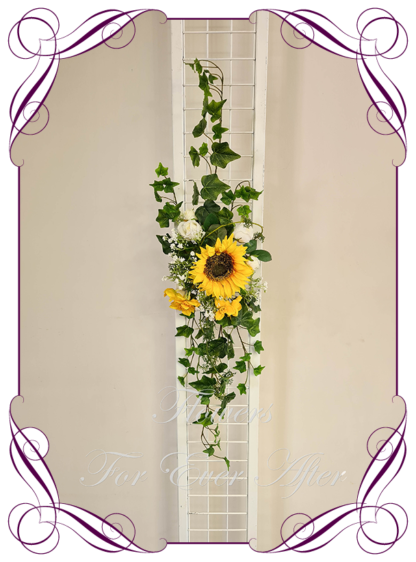 Silk artificial sunflowers arbor, bridal table, centrepiece, sign or pew decoration for wedding commitment ceremony. Silk flower centrepieces. Buy Online. Shipping world wide by Australia's best bridal florist.