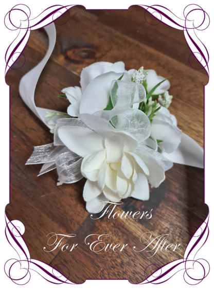 Silk artificial white ladies corsage pin or wrist corsage, for wedding mother of the bride groom, formal corsage, dance deb debutante corsage, prom corsage. Made in Melbourne Australia. Buy online.