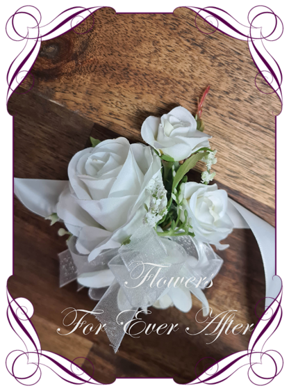 Silk artificial white ladies corsage pin or wrist corsage, for wedding mother of the bride groom, formal corsage, dance deb debutante corsage, prom corsage. Made in Melbourne Australia. Buy online.