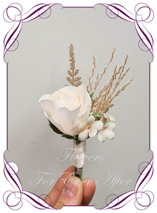 Silk artificial mens formal wedding boutonniere, grooms gents lapel flower. Simple pampas grass and cream rose. Made in Melbourne. Shipping world wide