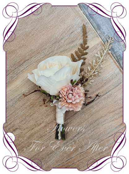 Silk artificial mens formal wedding boutonniere, grooms gents lapel flower. Simple dusty pink and cream rose. Made in Melbourne. Shipping world wide