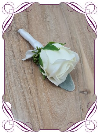 Silk artificial mens formal wedding boutonniere, grooms gents lapel flower. Simple white rose. Made in Melbourne. Shipping world wide