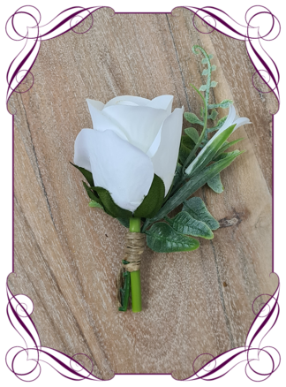 Silk artificial mens formal wedding boutonniere, grooms gents lapel flower. Simple nude cream rose. Made in Melbourne. Shipping world wide