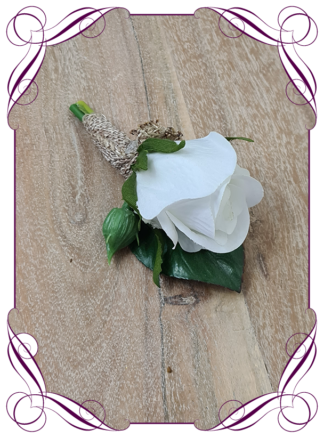 Silk artificial mens formal wedding boutonniere, grooms gents lapel flower. Simple nude cream rose. Made in Melbourne. Shipping world wide