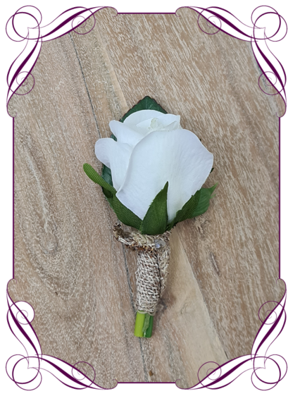 Silk artificial mens formal wedding boutonniere, grooms gents lapel flower. Simple white rose. Made in Melbourne. Shipping world wide