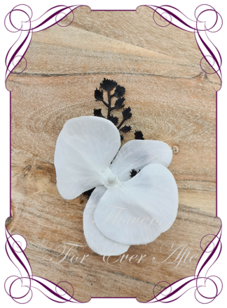 Silk artificial mens formal wedding boutonniere, grooms gents lapel flower. Simple white orchid. Made in Melbourne. Shipping world wide
