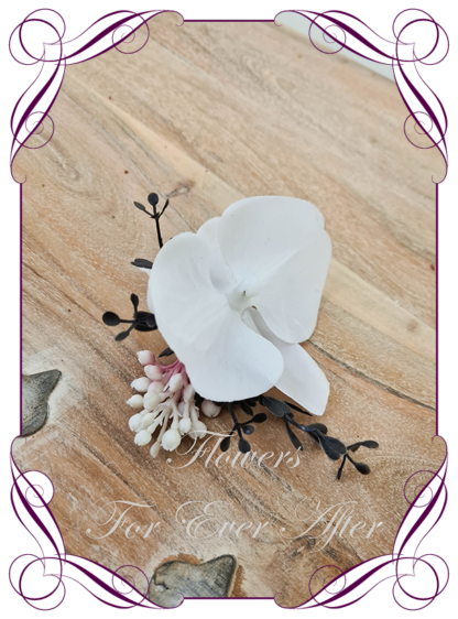 Silk artificial mens formal wedding boutonniere, grooms gents lapel flower. Simple white orchid. Made in Melbourne. Shipping world wide