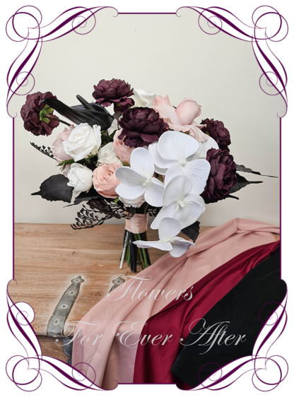 Silk artificial dark romance blush pink, white and black bridal bouquet set package. White orchids with white and blush roses, with dark plum and black anthurium. Made in Melbourne. Buy online.