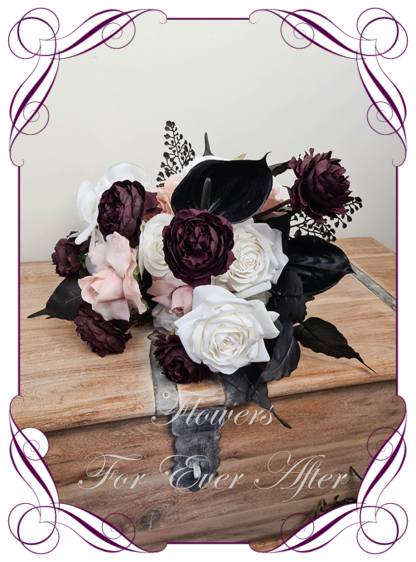 Silk artificial dark romance blush pink, white and black bridal bouquet set package. White orchids with white and blush roses, with dark plum and black anthurium. Made in Melbourne. Buy online.