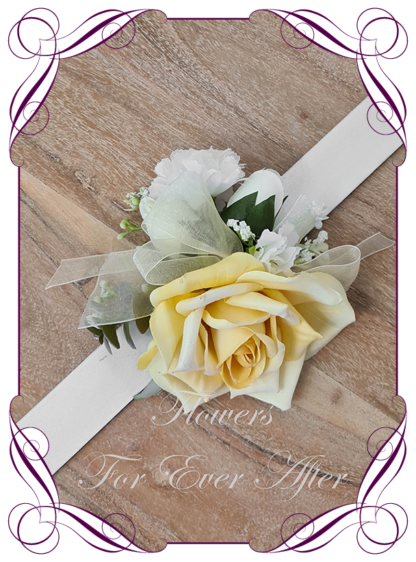 Silk artificial yellow and white ladies corsage pin or wrist corsage, for wedding mother of the bride groom, formal corsage, dance deb debutante corsage, prom corsage. Made in Melbourne Australia. Buy online.