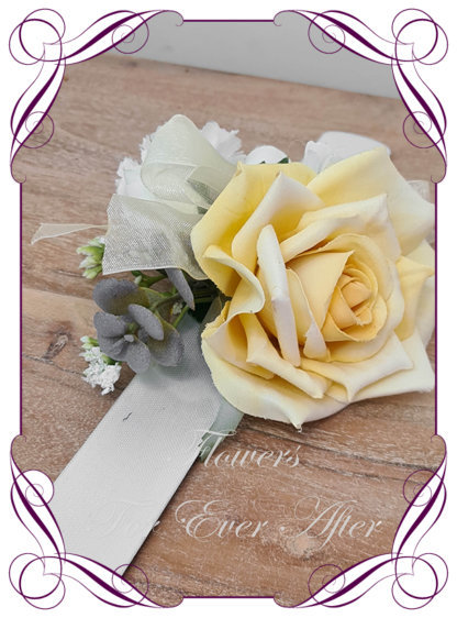 Silk artificial yellow and white ladies corsage pin or wrist corsage, for wedding mother of the bride groom, formal corsage, dance deb debutante corsage, prom corsage. Made in Melbourne Australia. Buy online.