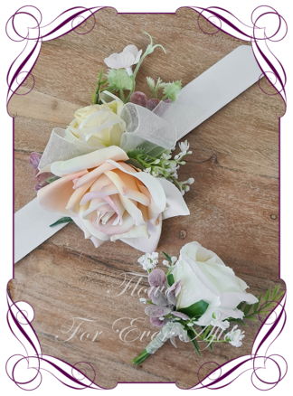 Silk artificial blush pink and pastel ladies corsage pin or wrist corsage, for wedding mother of the bride groom, formal corsage, dance deb debutante corsage, prom corsage. Made in Melbourne Australia. Buy online.