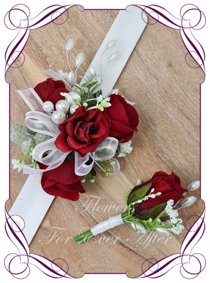 Silk artificial red and white ladies corsage pin or wrist corsage, for wedding mother of the bride groom, formal corsage, dance deb debutante corsage, prom corsage. Made in Melbourne Australia. Buy online.