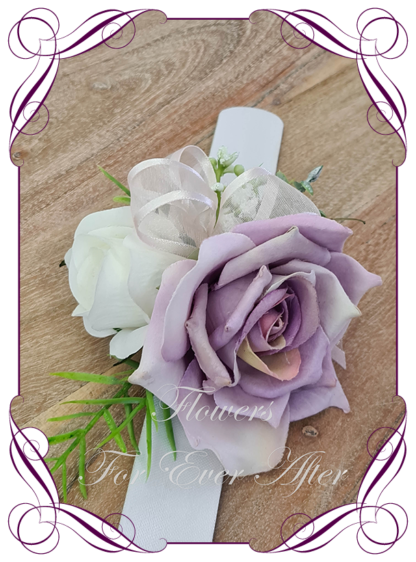 Silk artificial lilac purple and white ladies corsage pin or wrist corsage, for wedding mother of the bride groom, formal corsage, dance deb debutante corsage, prom corsage. Made in Melbourne Australia. Buy online.