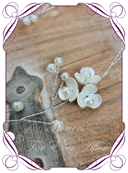Pearl dainty flowers on silver bridal hair design vine, long length for soft bridal curls or braids. Wedding hair design ideas. Buy online, shipping world wide.