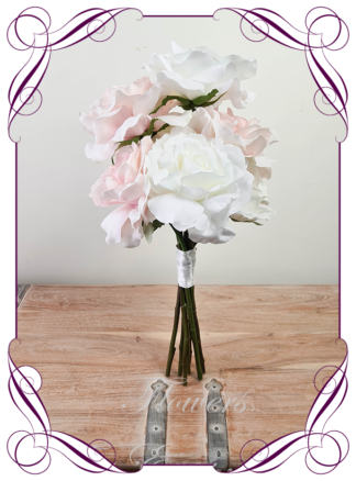 Silk artificial luxe bridesmaid posy in blush pink and white ivory roses wedding flowers bridal bouquet package set. Roses only. Made in Melbourne Australia by Australia's best silk florist. Buy online. Shipping worldwide. Lux wedding florals. Luxe wedding flowers. Cheap wedding bouquets.