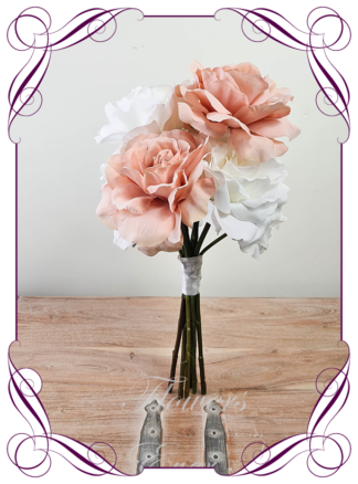 Silk artificial luxe bridesmaid posy in rose peach and white ivory roses wedding flowers bridal bouquet package set. Roses only. Made in Melbourne Australia by Australia's best silk florist. Buy online. Shipping worldwide. Lux wedding florals. Luxe wedding flowers. Cheap wedding bouquets.
