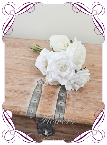 Silk artificial luxe bridesmaid posy in white ivory roses wedding flowers bridal bouquet package set. Roses only. Made in Melbourne Australia by Australia's best silk florist. Buy online. Shipping worldwide. Lux wedding florals. Luxe wedding flowers. Cheap wedding bouquets.