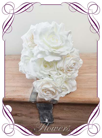 Silk artificial luxe bridal posy in white ivory roses wedding flowers bridal bouquet package set. Roses only. Made in Melbourne Australia by Australia's best silk florist. Buy online. Shipping worldwide. Lux wedding florals. Luxe wedding flowers. Cheap wedding bouquets.