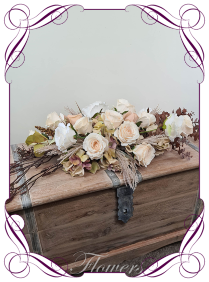 Silk artificial nude peach and autumn fall arbor, bridal table, centrepiece, sign or pew decoration for wedding commitment ceremony. Silk flower centrepieces. Buy Online. Shipping world wide by Australia's best bridal florist.
