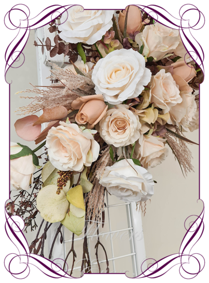 Silk artificial nude peach and autumn fall arbor, bridal table, centrepiece, sign or pew decoration for wedding commitment ceremony. Silk flower centrepieces. Buy Online. Shipping world wide by Australia's best bridal florist.