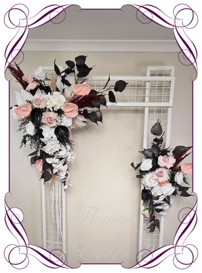 Silk artificial pink whiteand black luxe arbor, bridal table, centrepiece, sign or pew decoration for wedding commitment ceremony. Silk flower centrepieces. Buy Online. Shipping world wide by Australia's best bridal florist. Ceremony arbor floral decoration. Luxe style wedding decorations.