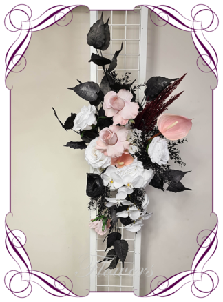 Silk artificial pink whiteand black luxe arbor, bridal table, centrepiece, sign or pew decoration for wedding commitment ceremony. Silk flower centrepieces. Buy Online. Shipping world wide by Australia's best bridal florist. Ceremony arbor floral decoration. Luxe style wedding decorations.