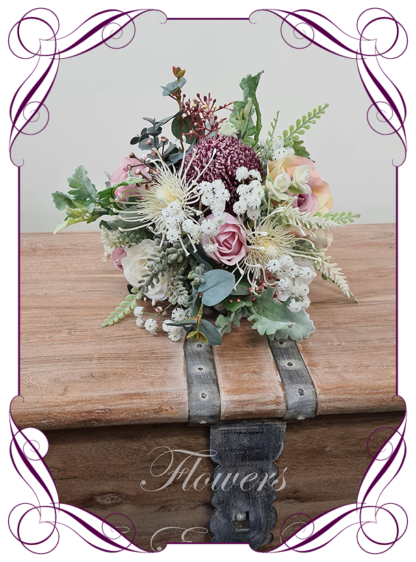 Silk artificial wedding bouquet ideas. Unusual beautiful soft look Australian Native banksia and protea dusty pink, blush and ivory, plum burgundy faux silk bridal bouquet wedding posy set flowers. Elegant romantic wedding posy bouquet. Made in Melbourne. Buy online. Shipping worldwide. Affordable wedding flowers