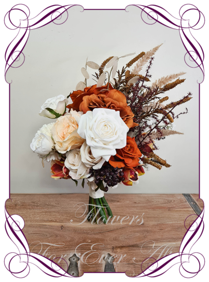Silk Artificial Wedding Flowers Orange Ivory Rose Bouquet Posy Package 