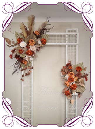 Silk artificial rust burnt orange cream and brown harvest rustic autumn fall arbor, bridal table, centrepiece, sign or pew decoration for wedding commitment ceremony. Silk flower centrepieces. Buy Online. Shipping world wide by Australia's best bridal florist.