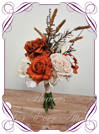 Silk artificial floral rustic burnt orange, rust and brown bridal wedding bouquet. Roses, orchid, dahlia, branches. Romantic elegant rustic luxe wedding flowers. Unique bridal bouquet package set. Made in Melbourne Australia. Buy online, post worldwide.