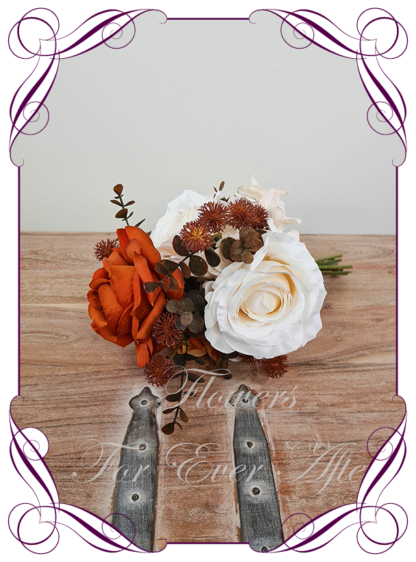 Silk artificial floral rustic burnt orange, rust and brown bridal wedding bouquet. Roses, orchid, dahlia, branches. Romantic elegant rustic luxe wedding flowers. Unique bridal bouquet package set. Made in Melbourne Australia. Buy online, post worldwide.