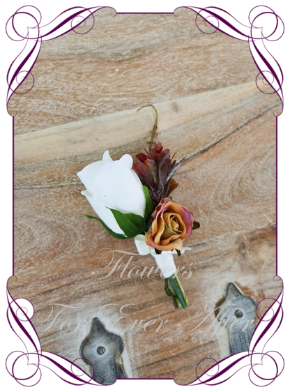 Silk artificial mens formal wedding boutonniere, grooms gents lapel flower. Made in Melbourne. Shipping world wide