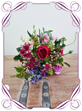 Silk artificial wedding bouquet ideas. Jewel tones Purple Mauve Lilac Pink blue red burgundy and blush lilacs berries roses and baby's breath cascade tear bridal bouquet wedding posy set flowers. Elegant romantic wedding bridal bouquet. Made in Melbourne. Buy online. Shipping worldwide.