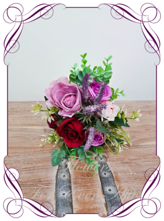 Silk artificial wedding bouquet ideas. Jewel tones Purple Mauve Lilac Pink blue red burgundy and blush lilacs berries roses and baby's breath cascade tear bridal bouquet wedding posy set flowers. Elegant romantic wedding bridal bouquet. Made in Melbourne. Buy online. Shipping worldwide.