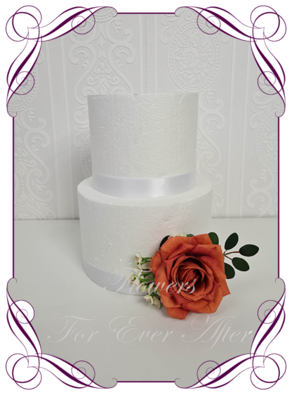 Silk artificial wedding engagement birthday cake flowers decoration. Rust burnt orange romantic rose and white floral cake design. Made in Melbourne. Buy online
