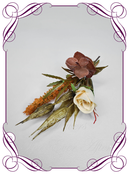 Silk artificial mens formal wedding boutonniere, grooms gents lapel flower. Made in Melbourne. Shipping world wide