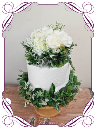 Silk artificial wedding engagement birthday cake flowers decoration. Neutral romantic native foliage and white floral cake design. Made in Melbourne. Buy online