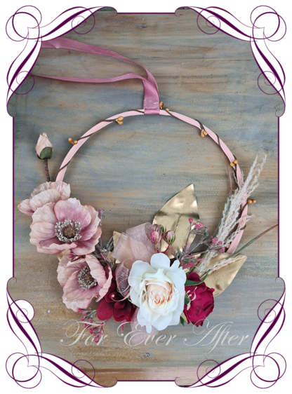 Silk artificial decorated rustic boho flower girl loop wreath with blush, pink and burgundy for wedding ceremony. Made in Melbourne Shipping world wide. Buy online