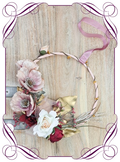 Silk artificial decorated rustic boho flower girl loop wreath with blush, pink and burgundy for wedding ceremony. Made in Melbourne Shipping world wide. Buy online