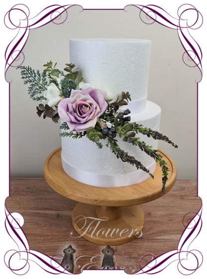 Silk artificial wedding engagement birthday cake flowers decoration. Neutral romantic mauve rose and white floral cake design. Made in Melbourne. Buy online