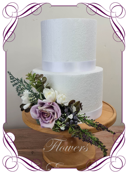 Silk artificial wedding engagement birthday cake flowers decoration. Neutral romantic mauve rose and white floral cake design. Made in Melbourne. Buy online