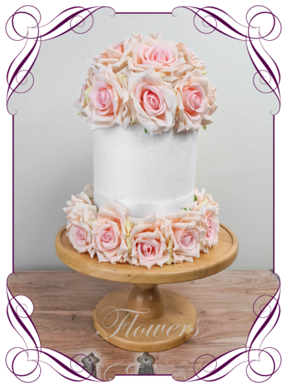 Silk artificial wedding engagement birthday cake flowers decoration. Neutral romantic pink rose floral cake topper design. Made in Melbourne. Buy online