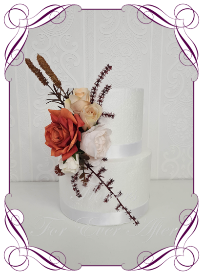 Silk artificial wedding engagement birthday cake flowers decoration. Rust burnt orange, mustard gold, cream romantic rose and white floral cake design. Made in Melbourne. Buy online